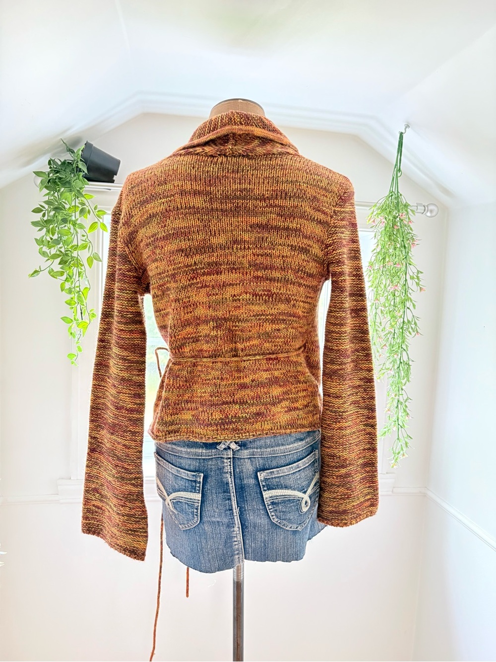 Hand-Knit Burnt Orange Wrap Sweater with Embroidered Detail - Picture 3 of 5